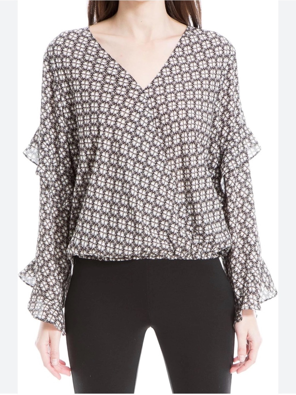 Max Studio Black & White Printed V-Neck Ruffle Sleeve Blouse N0465